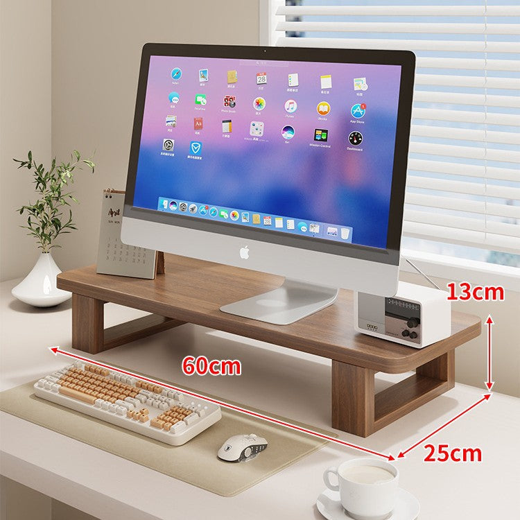 Wide Wooden Monitor Riser Shelf with Under-Shelf Storage and Cable Management