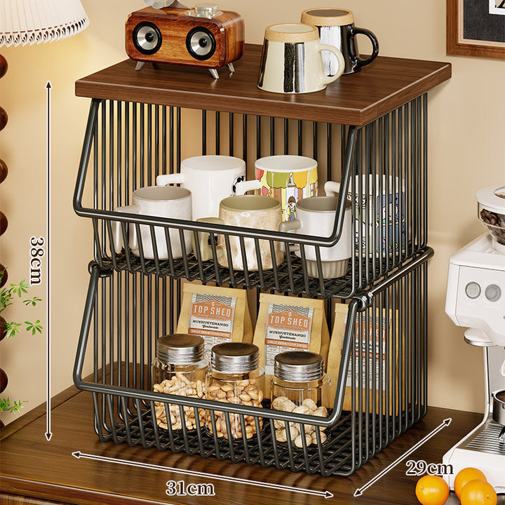 Mobile Four-Tier Kitchen Pantry Organizer Cart with Wood Top and Rolling Wire Baskets
