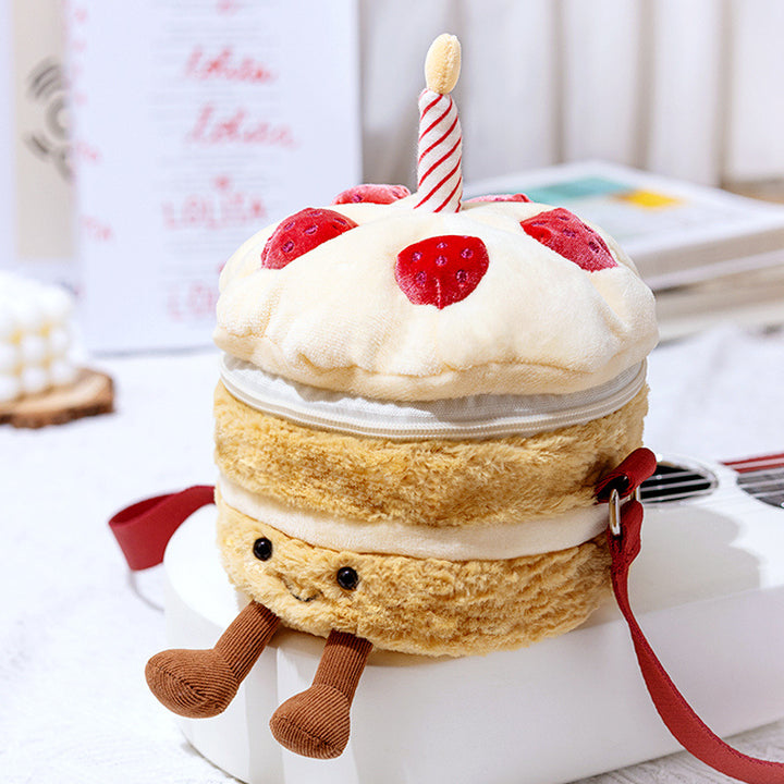 Plush Layered Cake Crossbody Bag with Strawberry Appliques & Candle Topper Kalsten