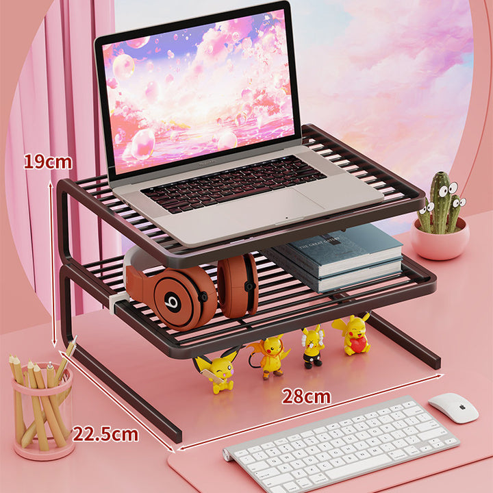 Tiered Adjustable Metal Laptop and Monitor Riser with Ventilated Slatted Shelves and Under-Storage Organizer