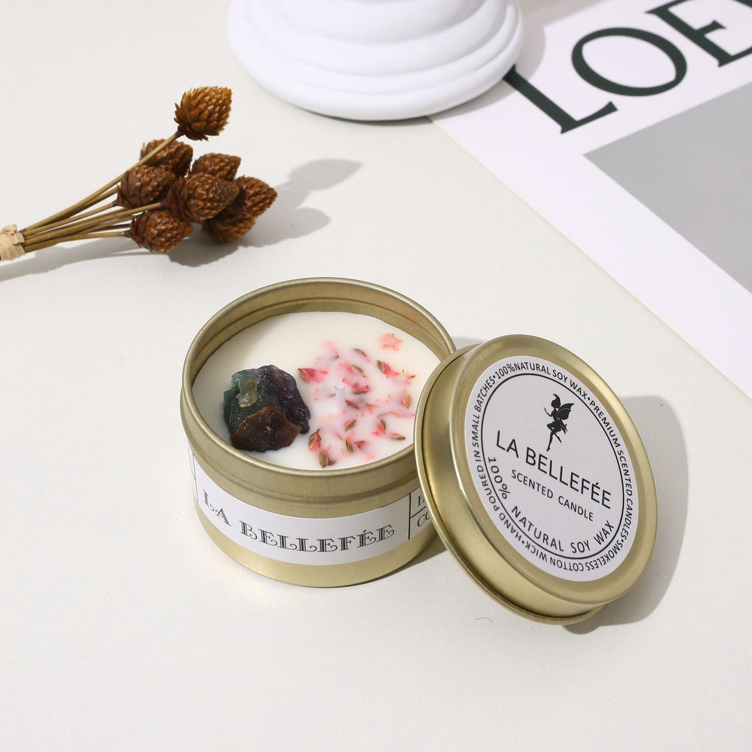 Hand-Poured Soy Tin Candle with Embedded Crystal and Dried Flower Accents