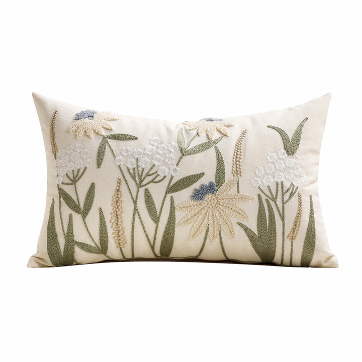 Hand-Embroidered Meadow Motif Linen-Blend Lumbar Cushion Cover