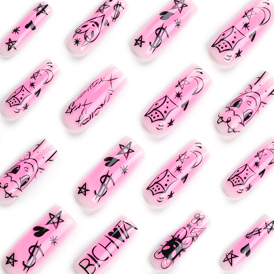 Artificial nail set with playful cartoon motif and shimmering accents Kalsten