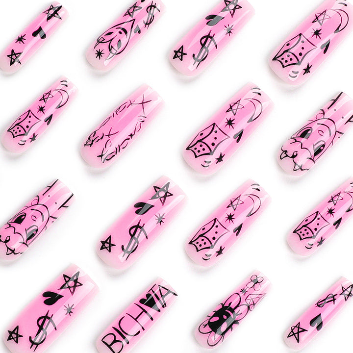 Artificial nail set with playful cartoon motif and shimmering accents Kalsten