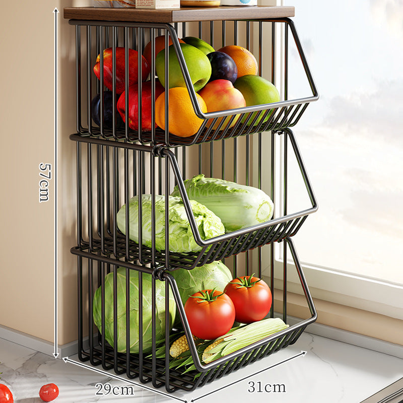 Countertop Wooden-Top Metal Wire Produce Storage Basket with Front-Tilt Access