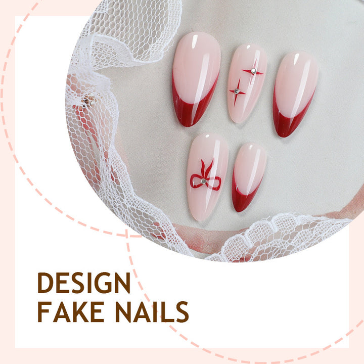 Creative artificial nail set with elegant bow and gradient design Kalsten