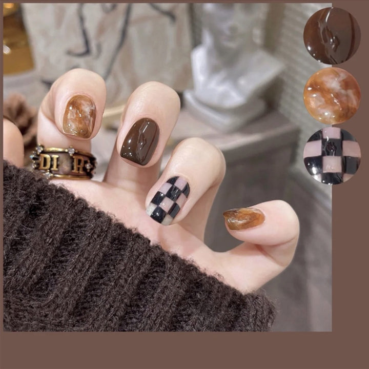 Artistic Press-On Nails with Marble and Checkerboard Design