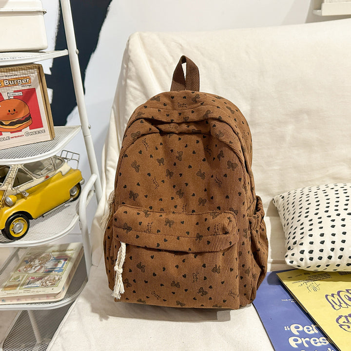Textured Corduroy Backpack with Heart Pattern