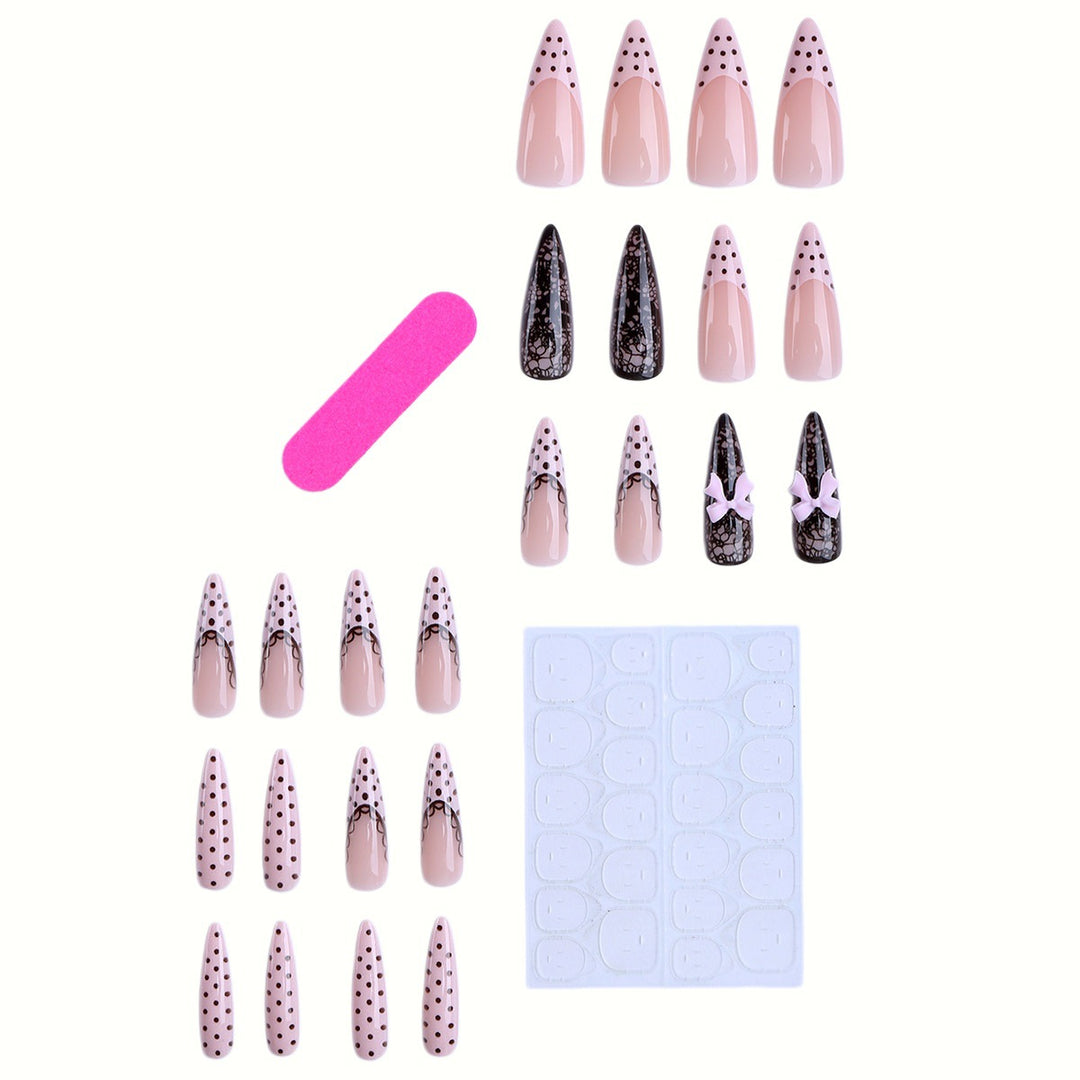 Elegant Stiletto Press-On Nail Set with Lace and Bow Design Kalsten