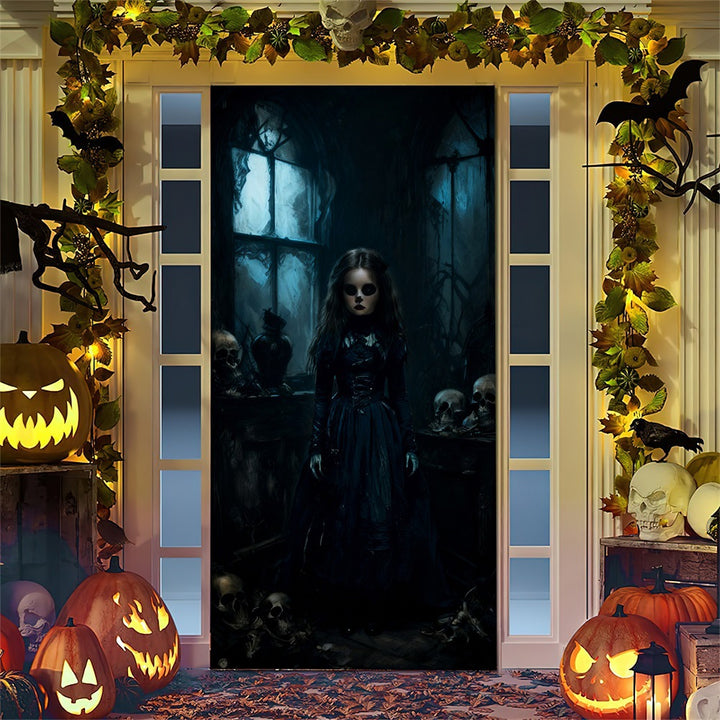 Halloween door poster with large-format Grim Reaper illustration and reusable PVC tarp fabric