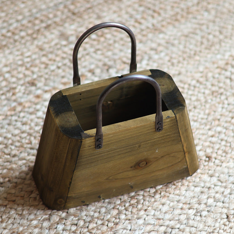 Handcrafted wooden basket with metal handles Kalsten