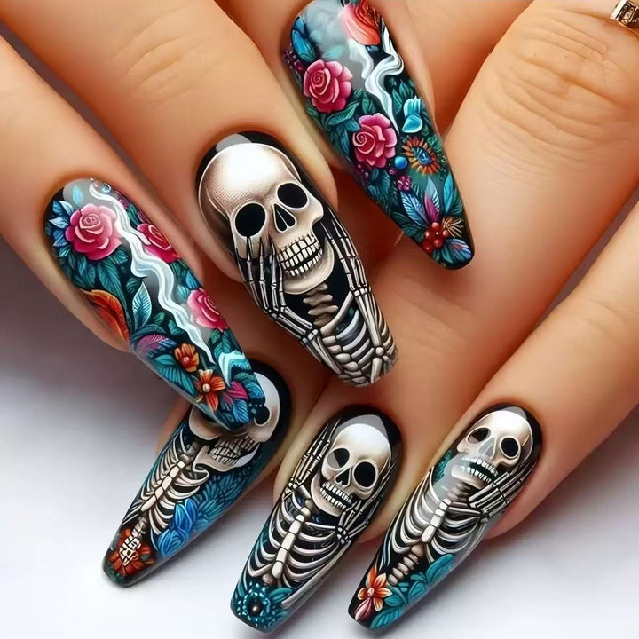 Creative artificial nails with skeleton and flower motifs Kalsten