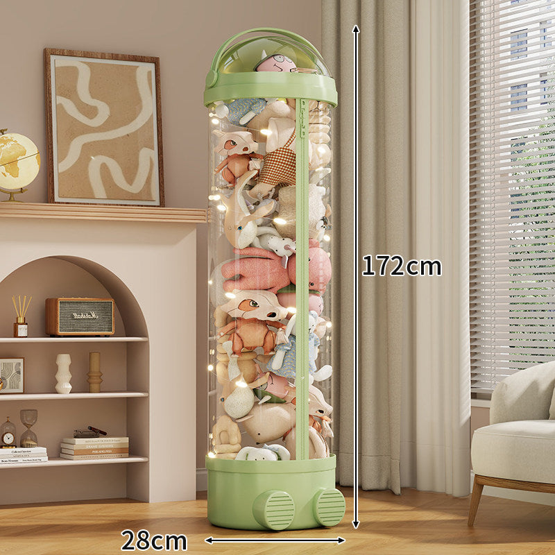 Tall Cylindrical Toy and Plush Storage Organizer with Clear Zip Cover and Rolling Vent Base