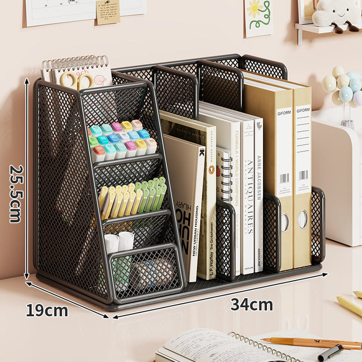 Mesh Multi-Section Desktop File & Stationery Organizer with Angled Pen Tiers