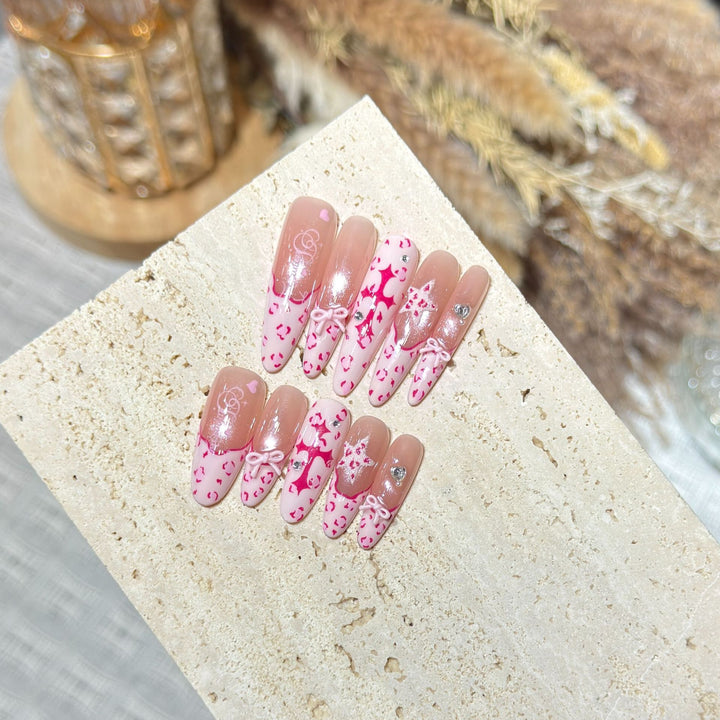 Artistic Stiletto Press-On Nail Set with Heart and Bow Design Kalsten