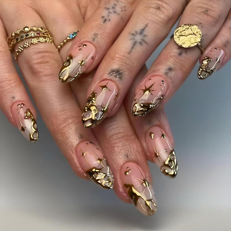 Acrylic Nail Set with Glamorous Gold Accents and Elegant Designs Kalsten