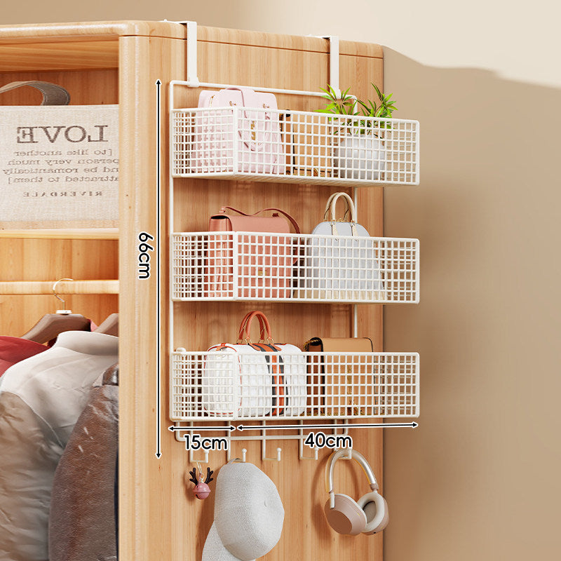 Over-Door Four-Tier Metal Mesh Hanging Storage Organizer with Integrated Hooks