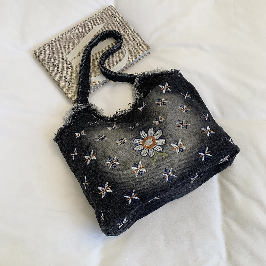 Floral Embroidered Denim Tote Bag