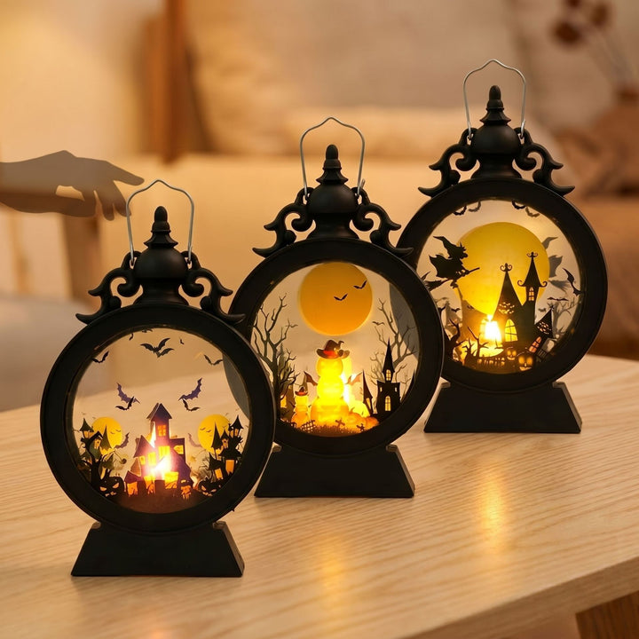 LED decorative table lantern with Halloween silhouettes and warm white light