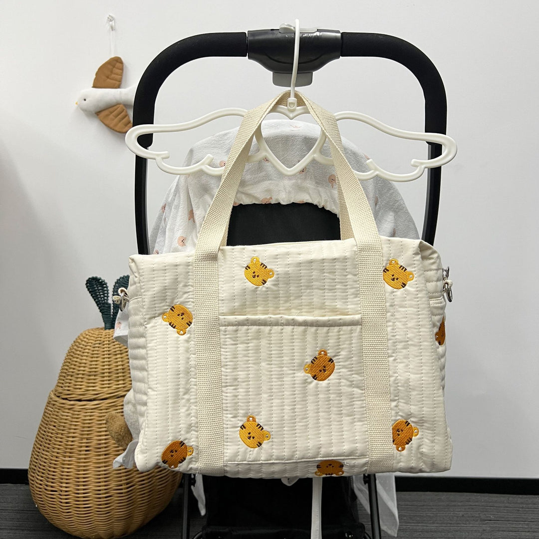 Quilted Convertible Diaper Backpack with Embroidered Animal Appliqué and Stroller Hook