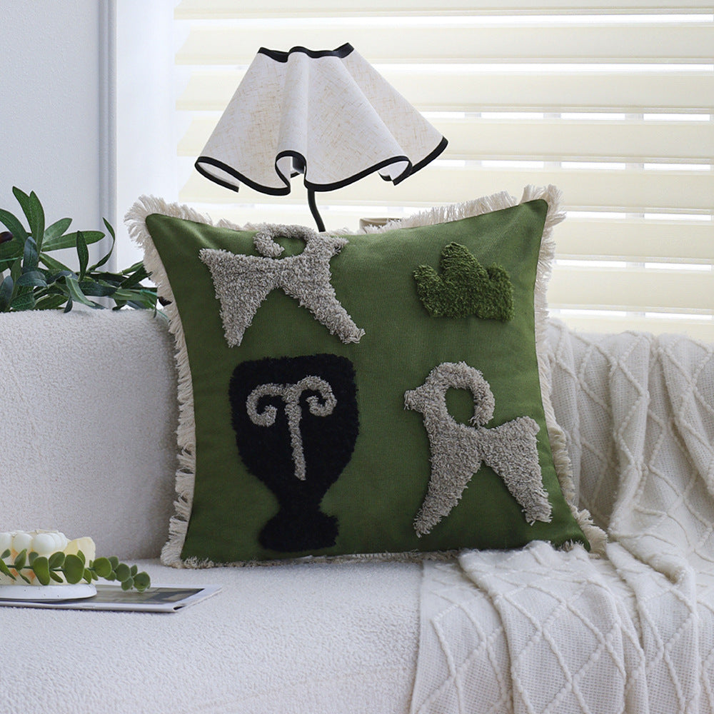 Square decorative cushion cover with hand-tufted ethnic appliqué motif and fringed edge Kalsten