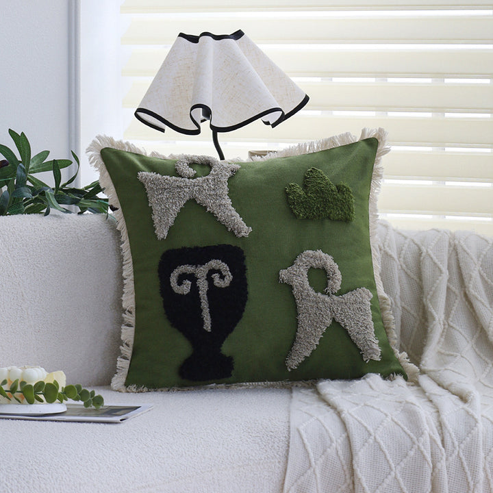 Square decorative cushion cover with hand-tufted ethnic appliqué motif and fringed edge Kalsten