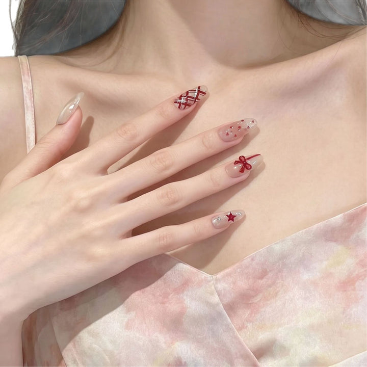Romantic Themed Press-On Nail Set with Heart and Bow Accents Kalsten