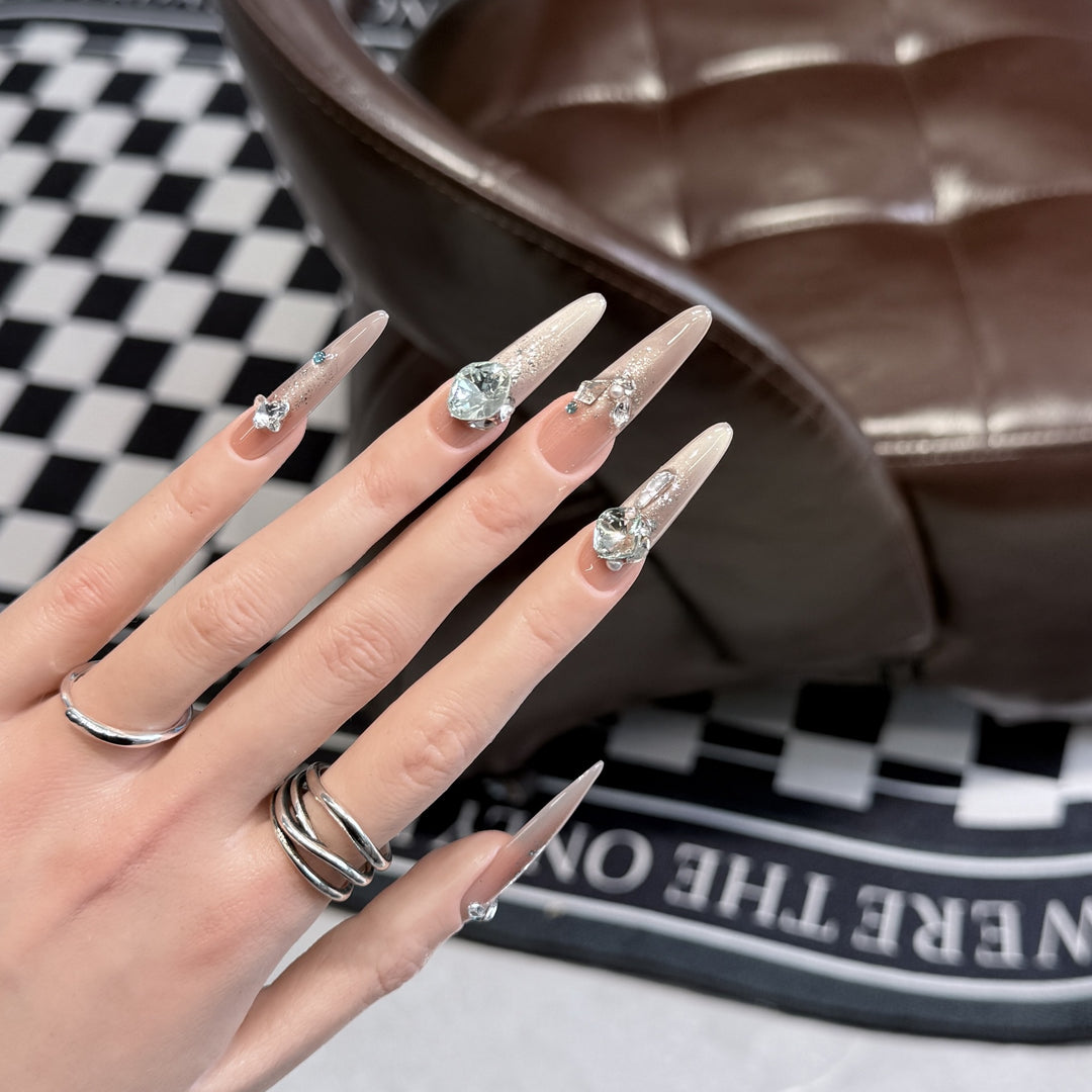 Glamorous Stiletto Press-On Nail Tips with Crystal Embellishments Kalsten