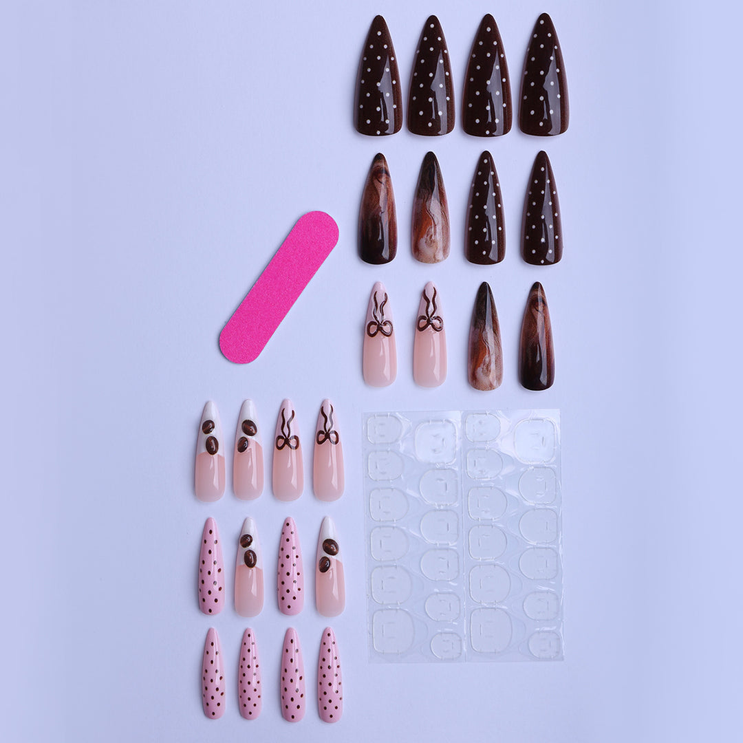 Elegant artificial nails with chocolate motifs and 3D elements Kalsten