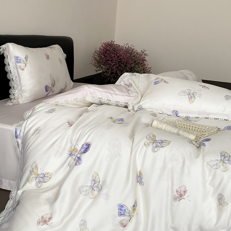 Satin bedding set with butterfly pattern and lace edge