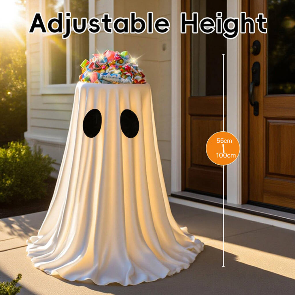 Glowing Halloween candy bowl with ghost wrap and LED interior lighting