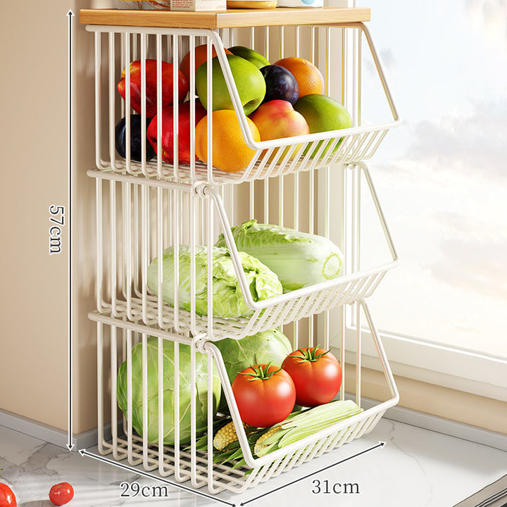 Countertop Wooden Top Metal Wire Fruit and Vegetable Storage Rack