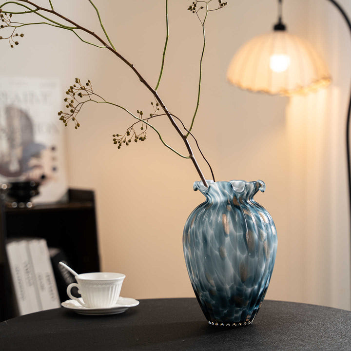 Handblown Sculptural Rippled Bulb Vase with Ruffled Neck Kalsten