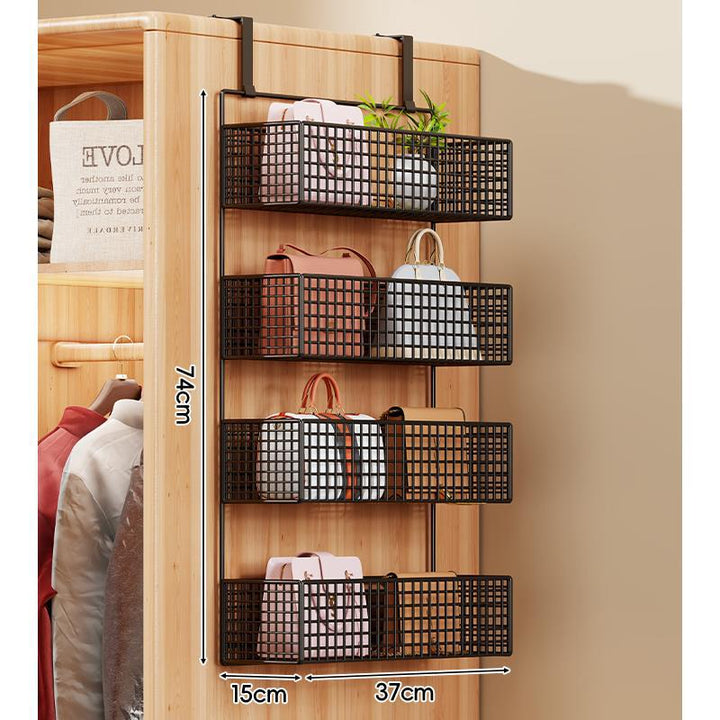 Over-the-Door Metal Grid Hanging Organizer with Four Stackable Baskets and Hooks