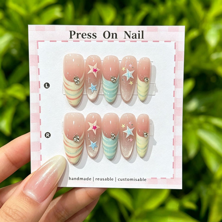 Artistic Press-On Nail Art Set with Cute Character and Bow Accents