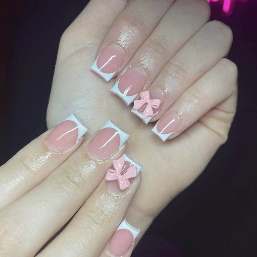 Acrylic Nail Set with Elegant Tips and 3D Bow Decorations Kalsten