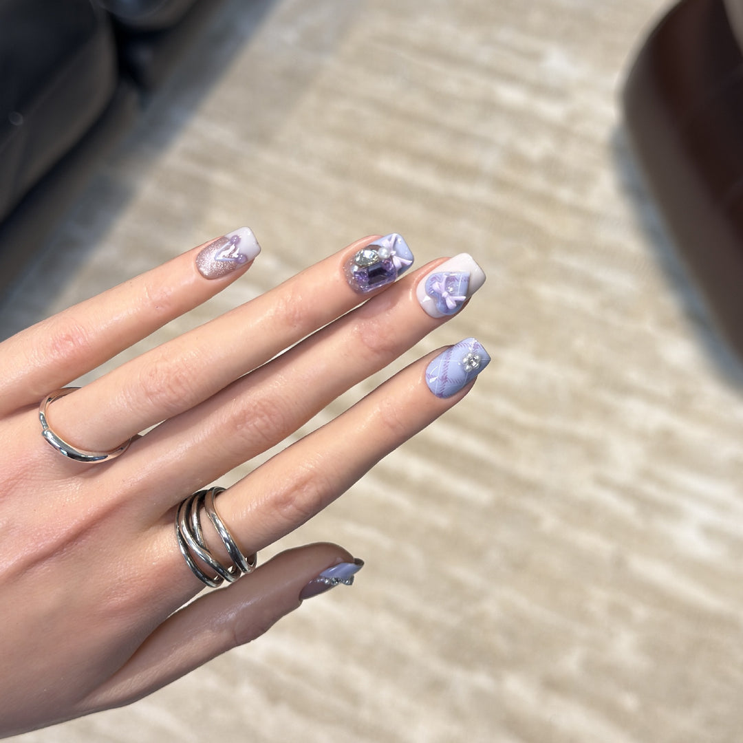 Decorative Luxury Press-On Nail Set with Elegant Bow and Gemstone Accents Kalsten