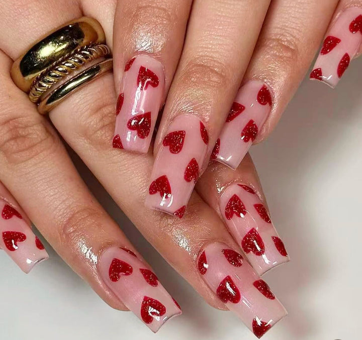 Elegant Heart-Embellished Nail Art Design Kalsten