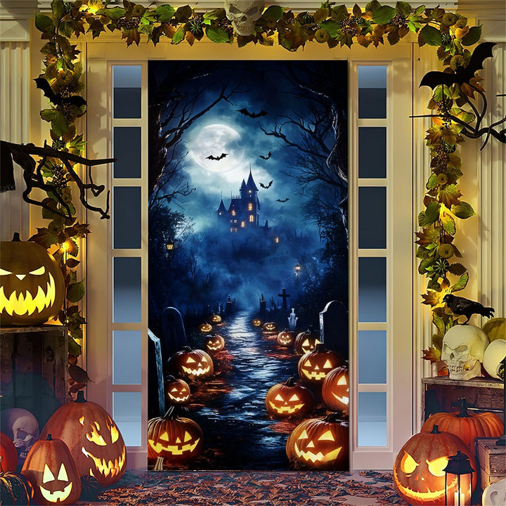 Halloween door poster with large-format Grim Reaper illustration and reusable PVC tarp fabric