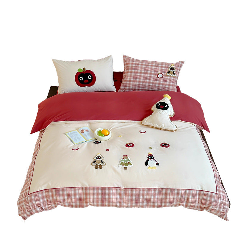 Children's bedding set with appliquéd winter figures and checkered ruffle