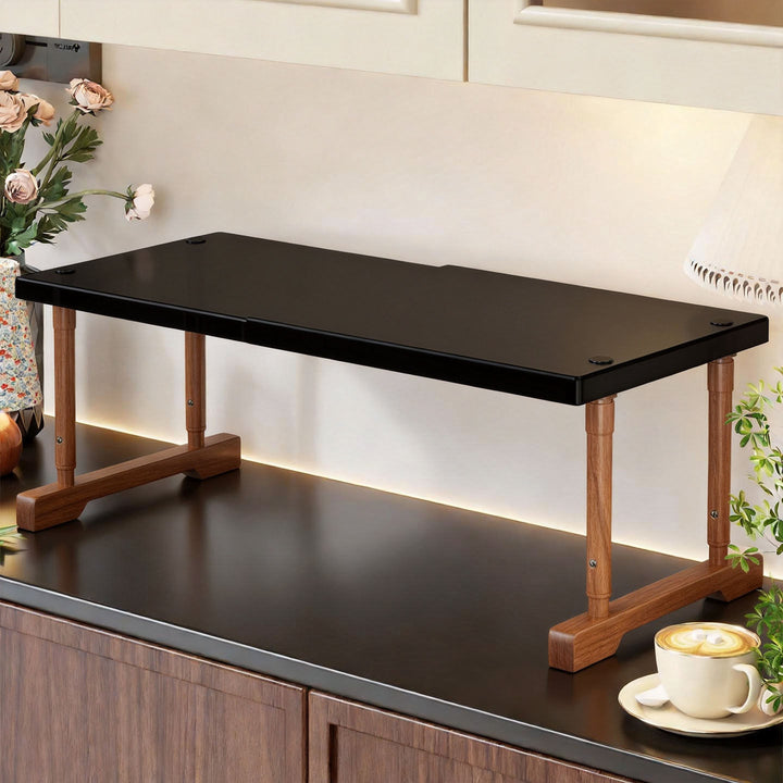 Two-Tier Countertop Coffee Station Shelf Riser with Walnut Top and Metal Frame