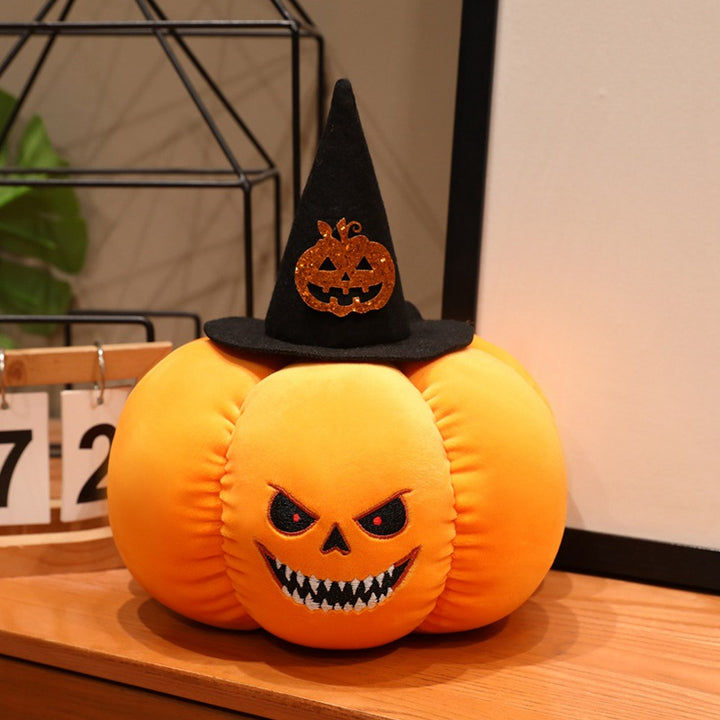 Plush pumpkin decoration figure with witch hat and embroidered spooky face