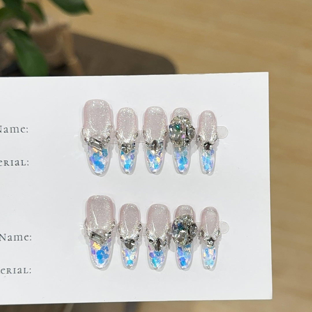 Artistic Gemstone-Embellished Press-On Nail Set 1790730615