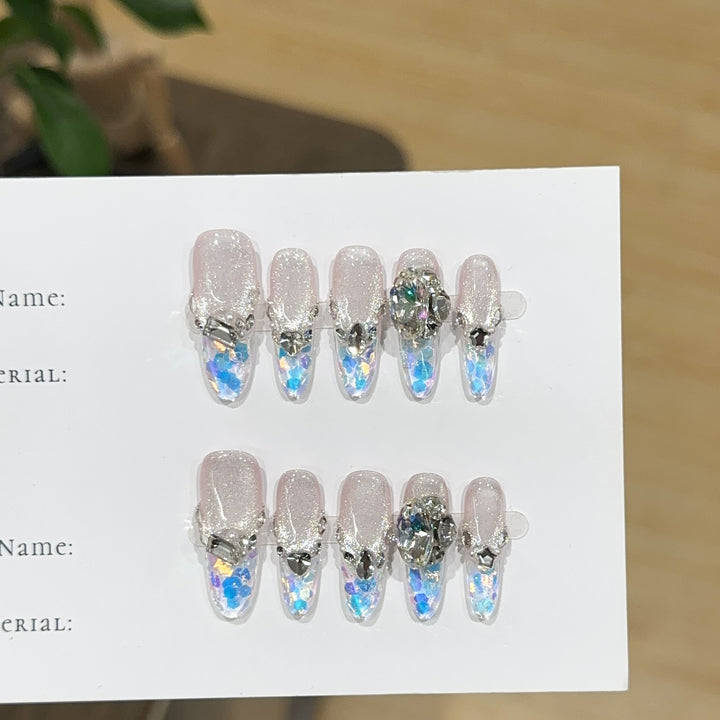 Artistic Gemstone-Embellished Press-On Nail Set 1790730615