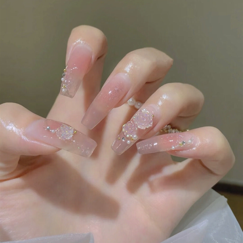 Decorative Acrylic Press-On Nails with Floral Accents
