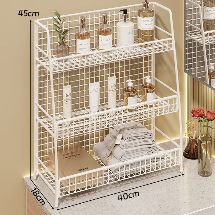 Angled Desktop Mesh Vanity and Countertop Organizer with Three Wire-Tier Baskets and Grid Back