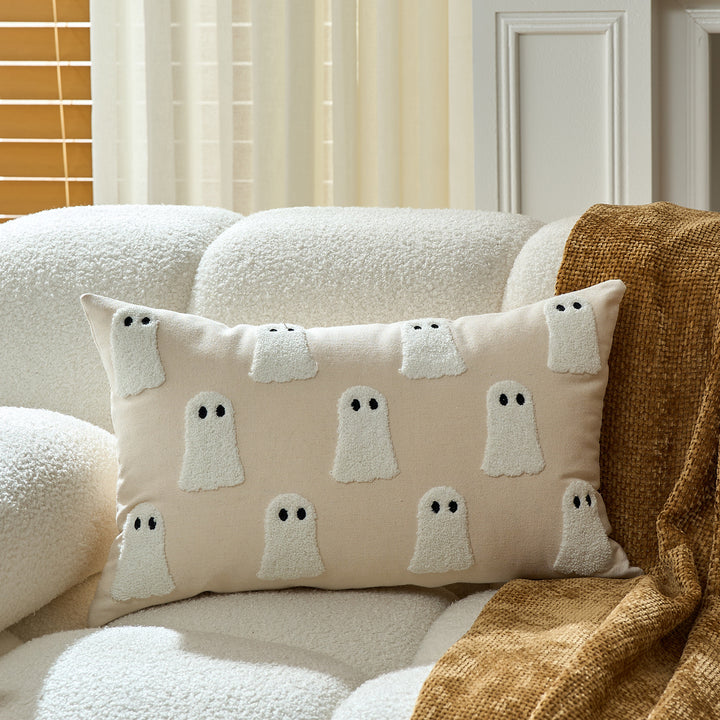 Tufted Ghost Appliqué Cotton-Linen Square Decorative Throw Pillow Cover