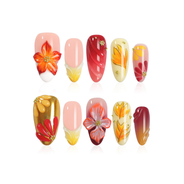 Artificial Nail Set with Floral Designs and Glamorous Decorations Kalsten