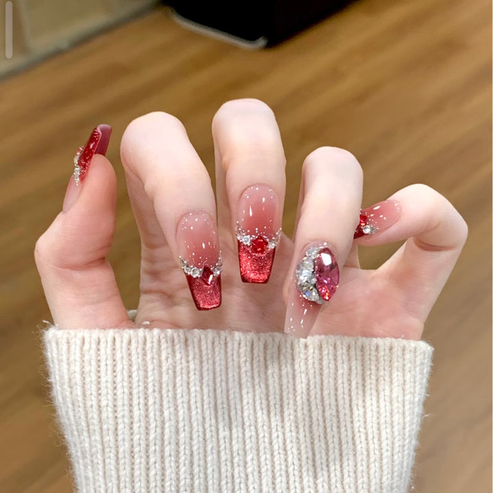 Artistic Press-On Nail Art Set with Floral and Gemstone Accents Kalsten