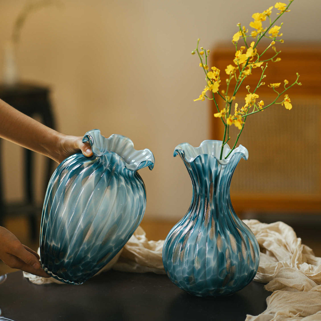 Handblown Sculptural Rippled Bulb Vase with Ruffled Neck Kalsten